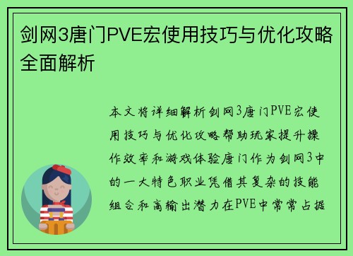 剑网3唐门PVE宏使用技巧与优化攻略全面解析