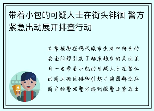 带着小包的可疑人士在街头徘徊 警方紧急出动展开排查行动 带着小包的可疑人士在街头徘徊 警方紧急出动展开排查行动